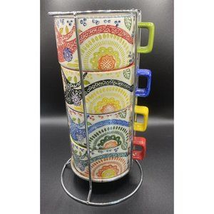 Pier 1 Paisley Batik stackable coffee mugs w/stand hand painted Set of 4